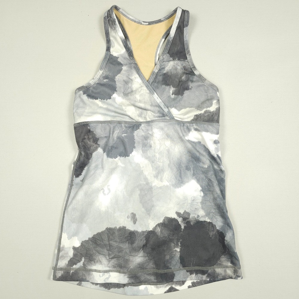 Lululemon Tank Top Women 4 White Grey Coal Watercolor Print V-Neck Racerback